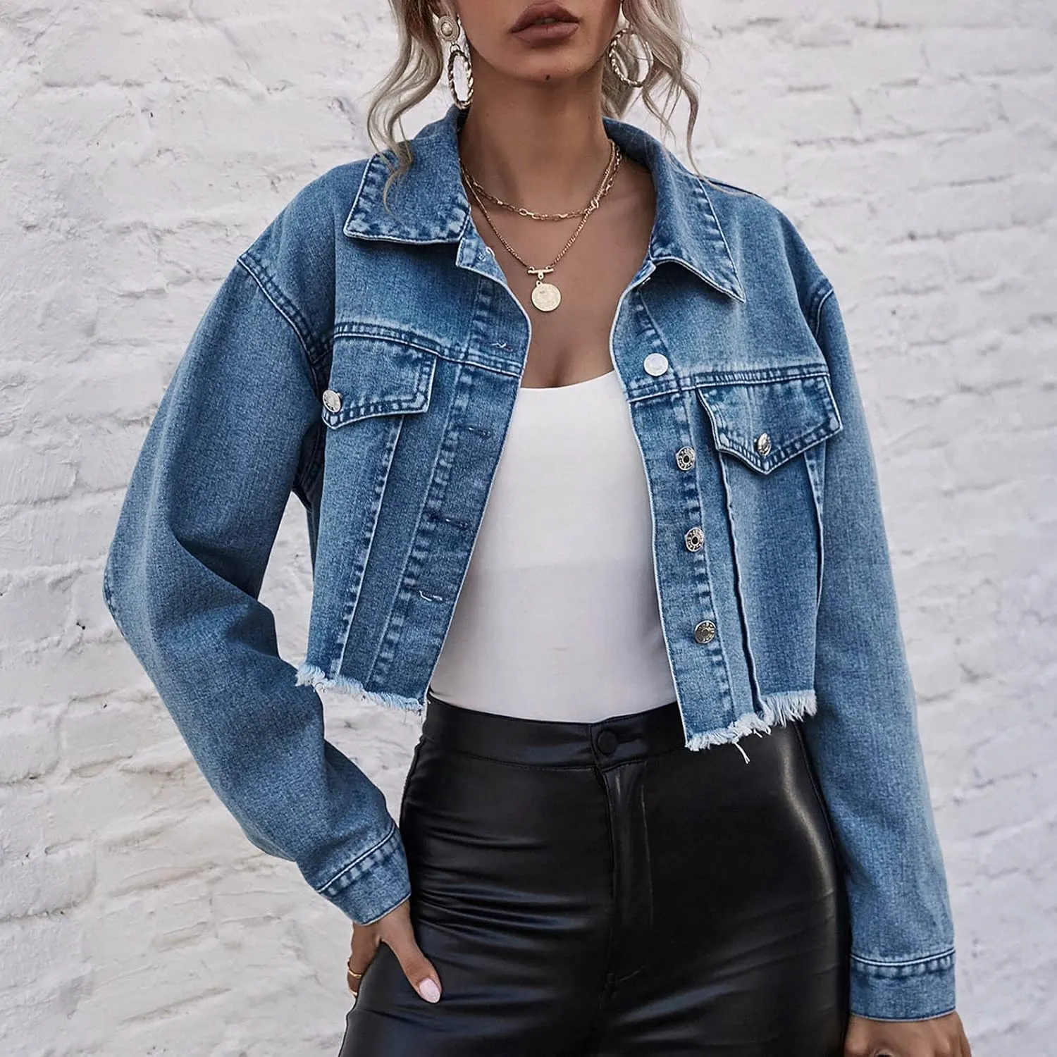 tuduoms Cropped Jean Jacket Womens Trendy Distressed Denim Jacket Fashion Ripped Frayed Hem Button Down Jean Jacket For Women