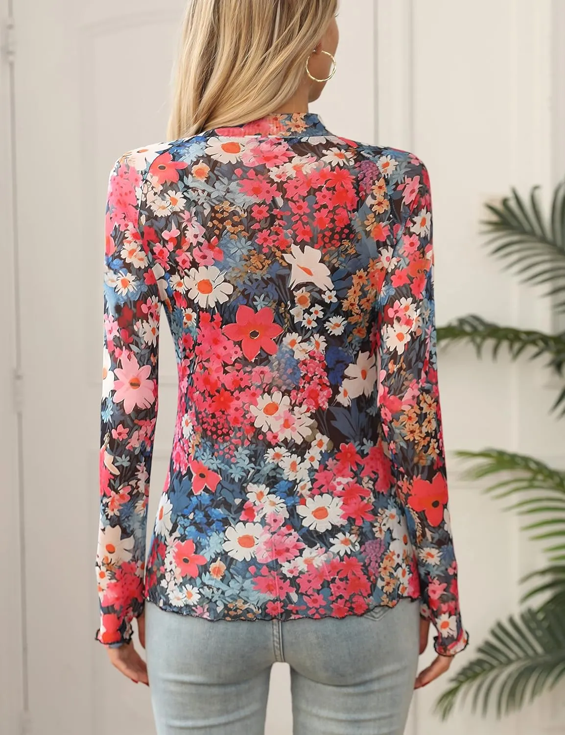Ugerlov Womens Lace Long Sleeve Mesh Top Floral Mock Neck See Through Going Out Top with Thumb Hole Party Outfits Shirts
