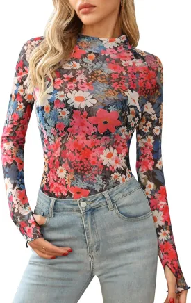 Ugerlov Womens Lace Long Sleeve Mesh Top Floral Mock Neck See Through Going Out Top with Thumb Hole Party Outfits Shirts