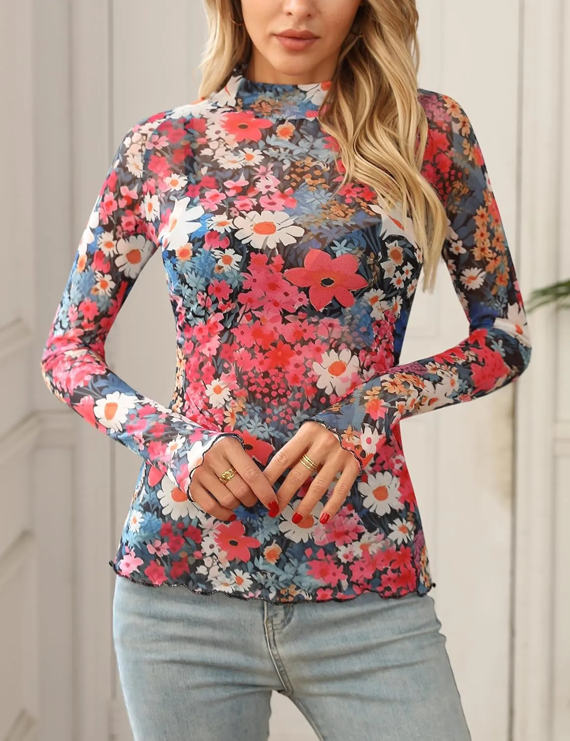 Ugerlov Womens Lace Long Sleeve Mesh Top Floral Mock Neck See Through Going Out Top with Thumb Hole Party Outfits Shirts