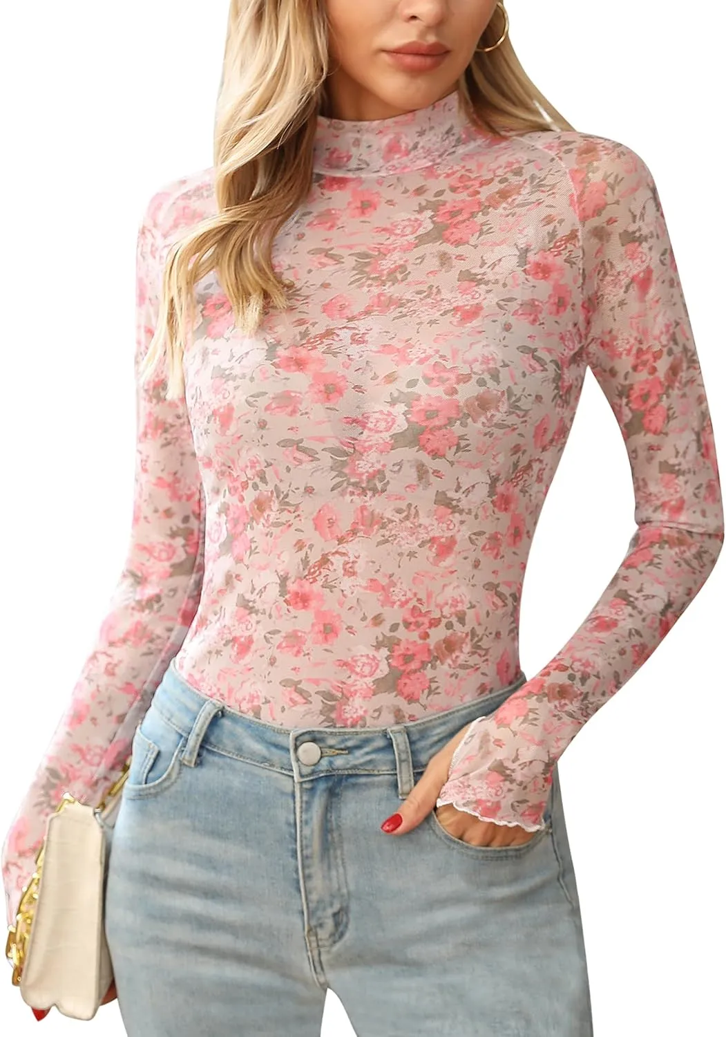 Ugerlov Womens Lace Long Sleeve Mesh Top Floral Mock Neck See Through Going Out Top with Thumb Hole Party Outfits Shirts