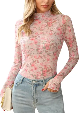 Ugerlov Womens Lace Long Sleeve Mesh Top Floral Mock Neck See Through Going Out Top with Thumb Hole Party Outfits Shirts