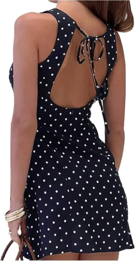 Verdusa Women's Polka Dots Tie Back Mini Dress Sleeveless Backless Tank Dress