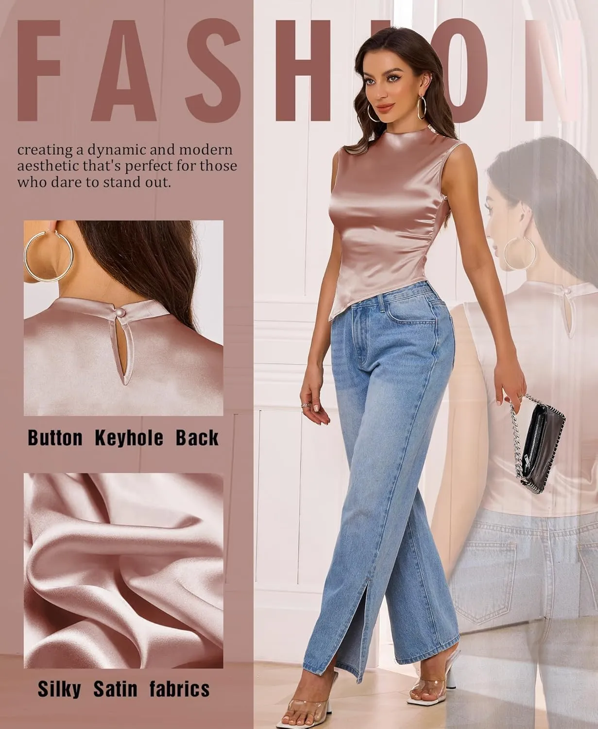 VIDUSSA Crop Tank Tops for Women - Mock Neck Sleeveless Satin Blouse Ruched Slim Fitted Asymmetrical Hem Silk Tops