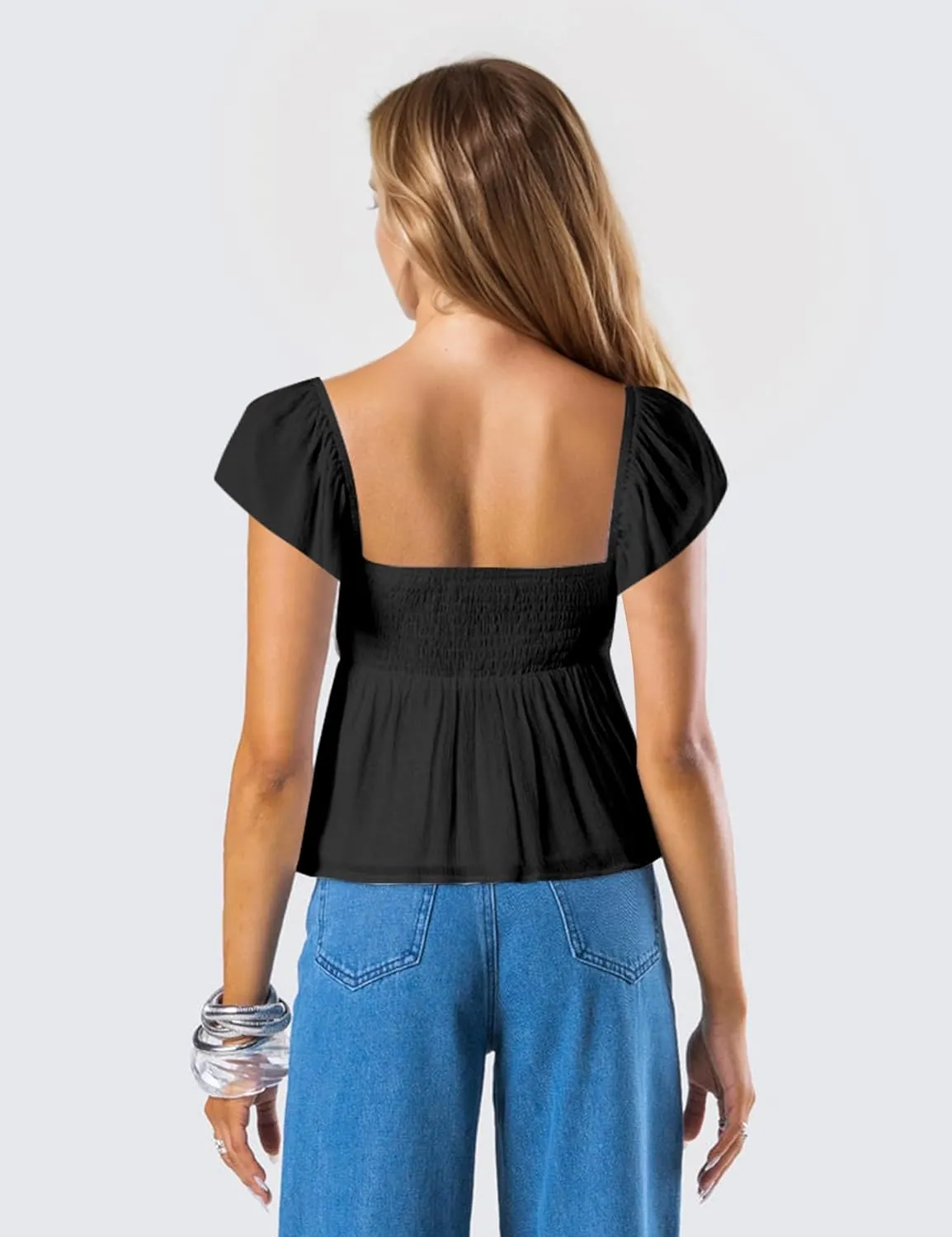 Women Babydoll Peplum Tank Top Sweetheart Neck Ruffle Cap Sleeve Tank Tops Backless Smocked Shirts Flowy Tops