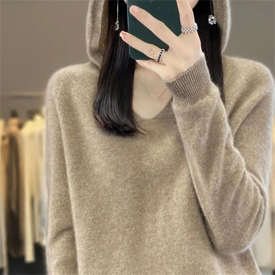 Women's 100% Merino Wool Hooded Sweater Jumper Warm Sweater Women's Solid Knit Soft Top