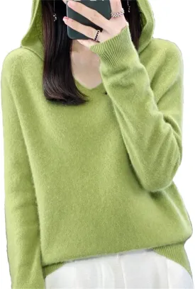 Women's 100% Merino Wool Hooded Sweater Jumper Warm Sweater Women's Solid Knit Soft Top