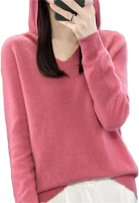 Women's 100% Merino Wool Hooded Sweater Jumper Warm Sweater Women's Solid Knit Soft Top