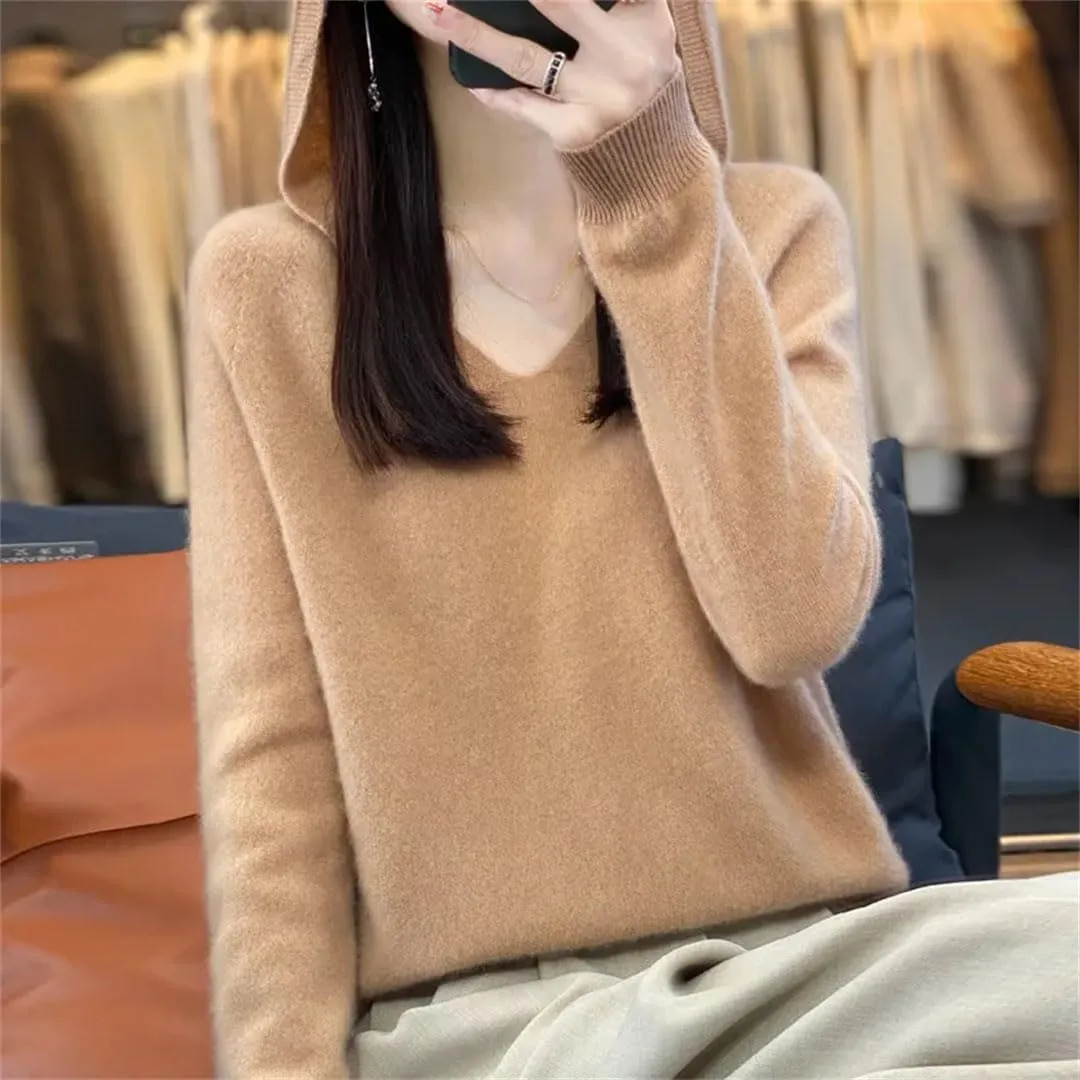 Women's 100% Merino Wool Hooded Sweater Jumper Warm Sweater Women's Solid Knit Soft Top