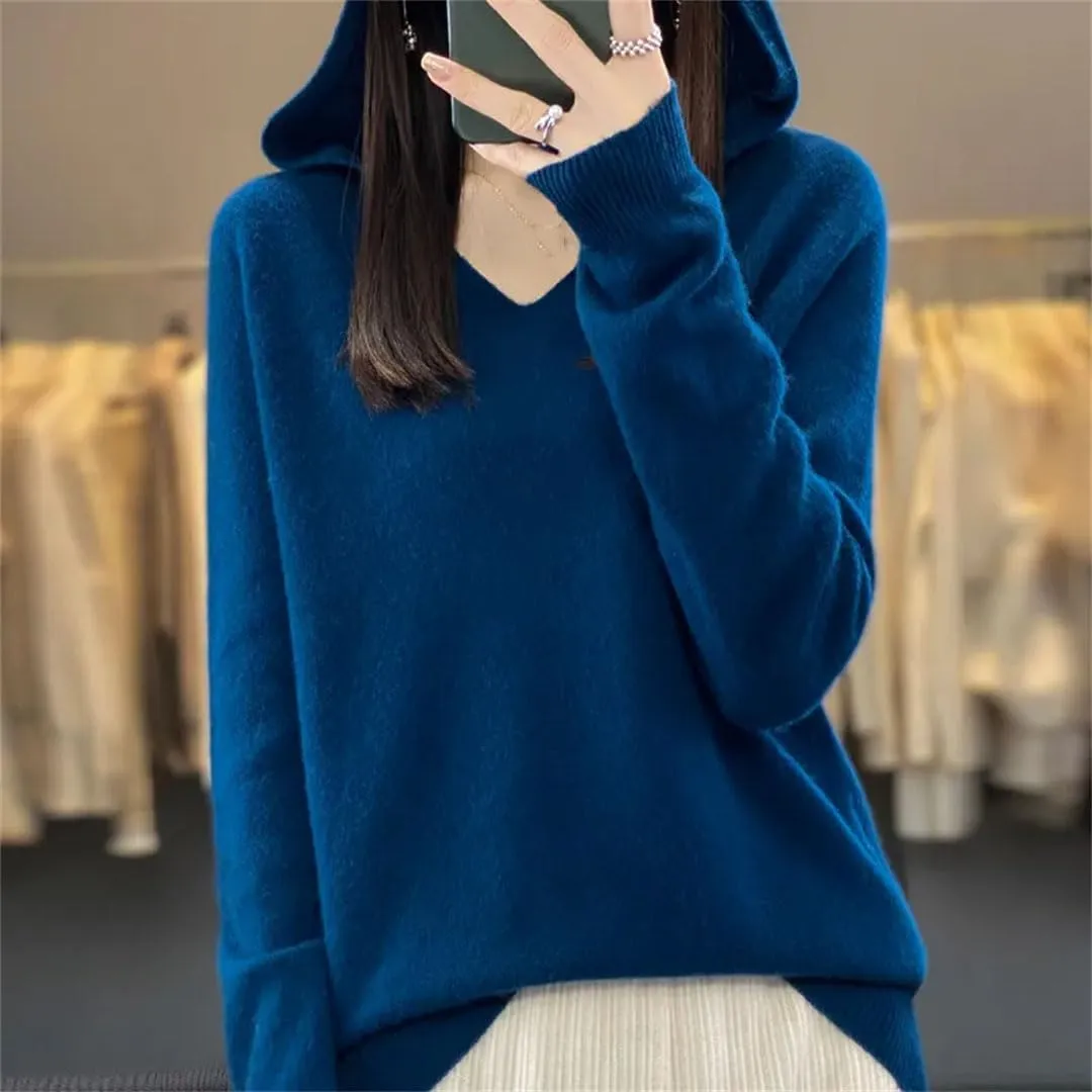 Women's 100% Merino Wool Hooded Sweater Jumper Warm Sweater Women's Solid Knit Soft Top