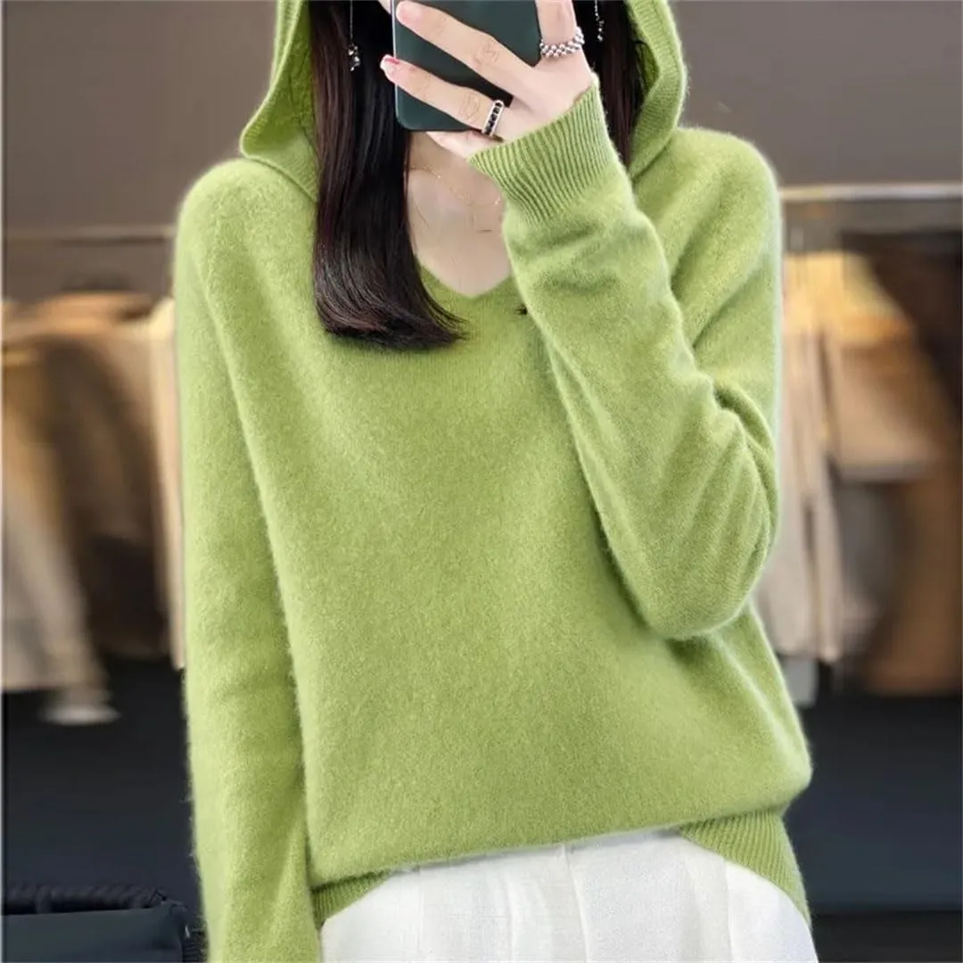 Women's 100% Merino Wool Hooded Sweater Jumper Warm Sweater Women's Solid Knit Soft Top