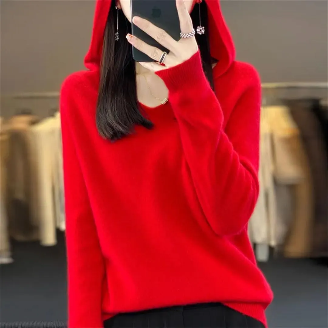 Women's 100% Merino Wool Hooded Sweater Jumper Warm Sweater Women's Solid Knit Soft Top