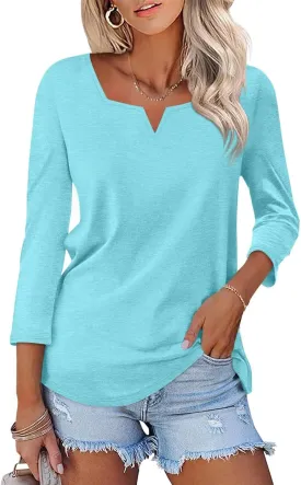 Women's 3/4 Length Sleeve Tops Square V Notched Neck Shirts Casual Summer Blouses