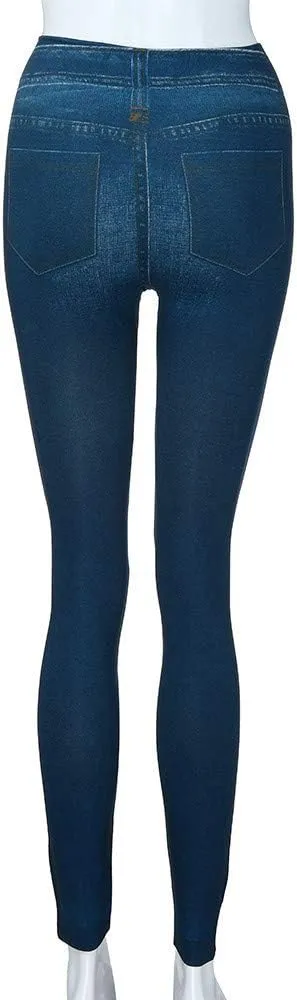 Women's Denim Print Leggings Seamless Stretchy Fake Jeans High Waist Tummy Control Jean Look Leggings Jeggings