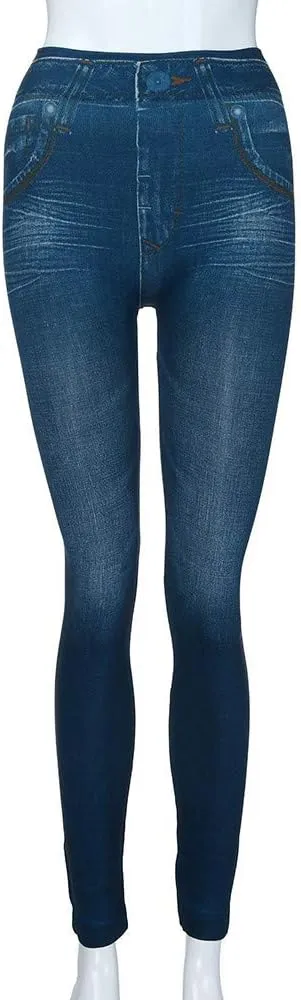 Women's Denim Print Leggings Seamless Stretchy Fake Jeans High Waist Tummy Control Jean Look Leggings Jeggings
