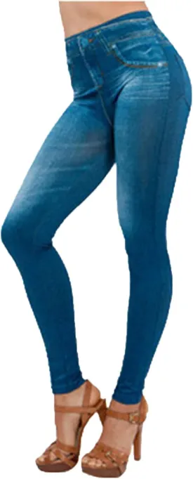 Women's Denim Print Leggings Seamless Stretchy Fake Jeans High Waist Tummy Control Jean Look Leggings Jeggings