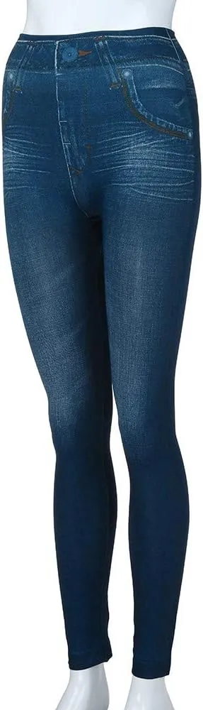 Women's Denim Print Leggings Seamless Stretchy Fake Jeans High Waist Tummy Control Jean Look Leggings Jeggings
