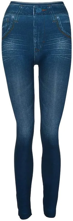 Women's Denim Print Leggings Seamless Stretchy Fake Jeans High Waist Tummy Control Jean Look Leggings Jeggings