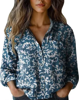 Womens Ethnic Shirts Floral Print Long Sleeve V Neck Button Down Shirt Vintage Causal Boho Blouses Gauze Tunic Tops