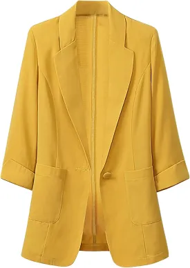 Womens Linen Blazers Plus Size Business Lapel Button Up 3/4 Sleeve Loose Fit Suit Jacket Office Work Casual Coat