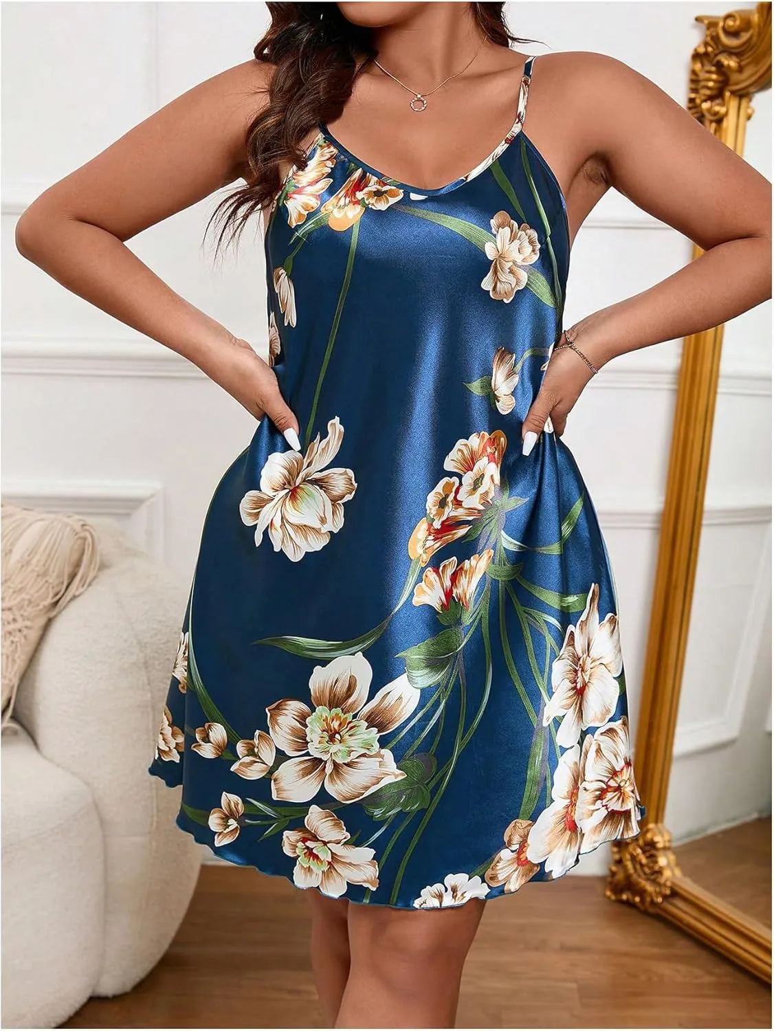 Women's Plus Size Floral Satin Nightgowns Chemise Spaghetti Strap Mini Pajama Slip Dress Sleepwear