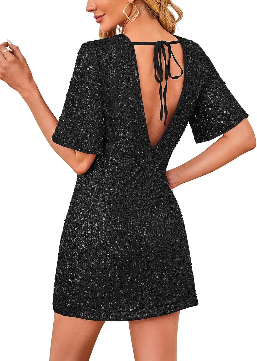Women's Sequin Mini Club Party Dress Short Sleeve Crewneck Tie Backless Velvet Dresses