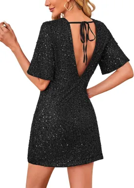 Women's Sequin Mini Club Party Dress Short Sleeve Crewneck Tie Backless Velvet Dresses