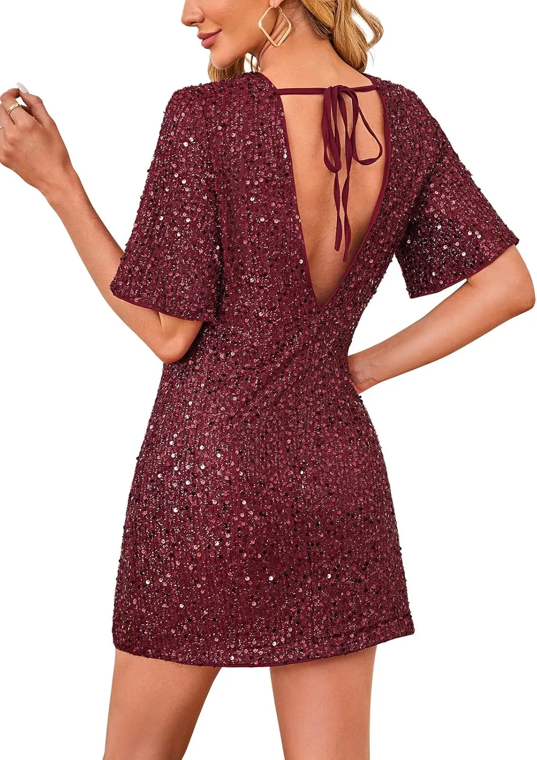 Women's Sequin Mini Club Party Dress Short Sleeve Crewneck Tie Backless Velvet Dresses