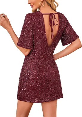 Women's Sequin Mini Club Party Dress Short Sleeve Crewneck Tie Backless Velvet Dresses