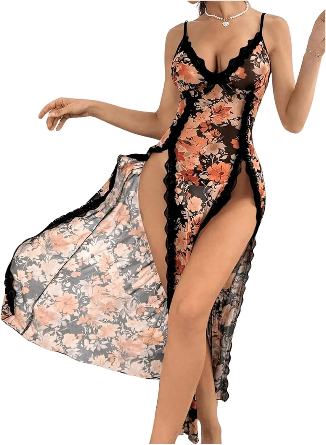 Women's Spaghetti Strap Lace Floral Nightgown Split Thigh Midi Slip Dress Sexy Sleepwear Cami Dress