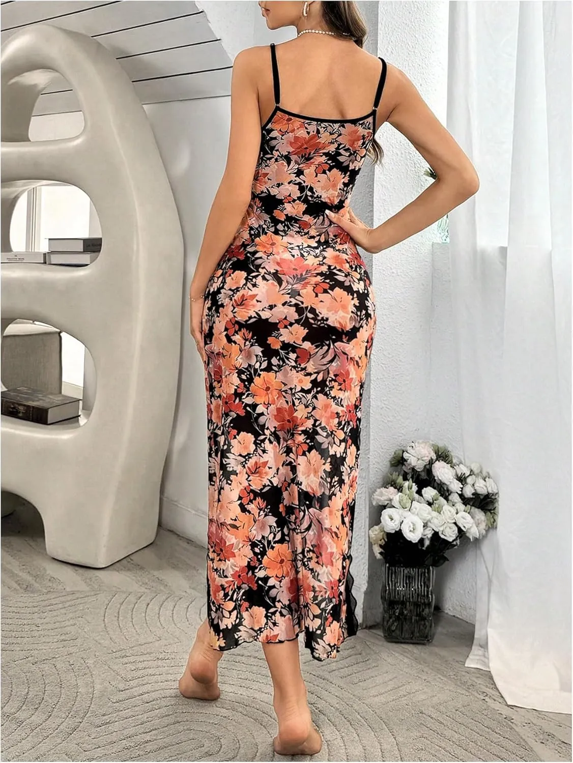 Women's Spaghetti Strap Lace Floral Nightgown Split Thigh Midi Slip Dress Sexy Sleepwear Cami Dress