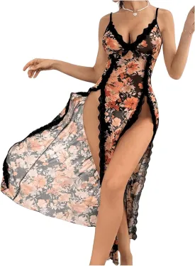 Women's Spaghetti Strap Lace Floral Nightgown Split Thigh Midi Slip Dress Sexy Sleepwear Cami Dress