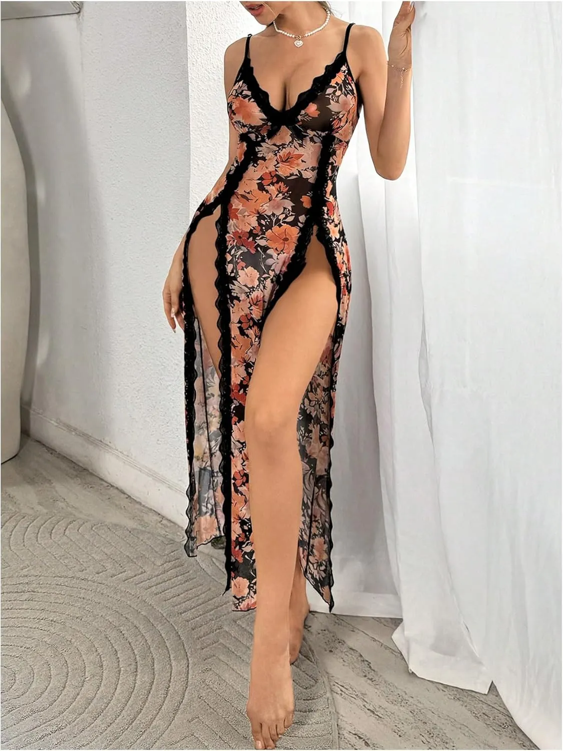 Women's Spaghetti Strap Lace Floral Nightgown Split Thigh Midi Slip Dress Sexy Sleepwear Cami Dress