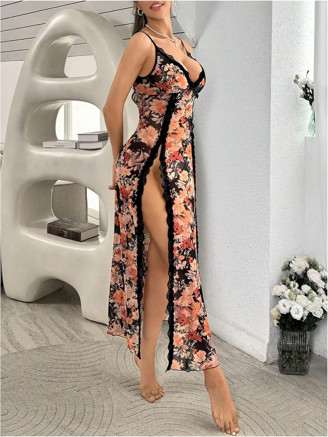 Women's Spaghetti Strap Lace Floral Nightgown Split Thigh Midi Slip Dress Sexy Sleepwear Cami Dress