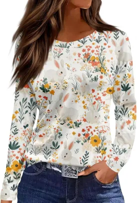 Women's Tops Long Sleeve Spring Shirts 2025 Trendy Loose Fit Crew Neck Floral Print Dressy Blouses