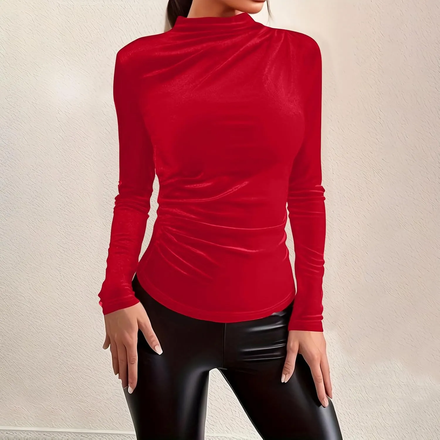 Women's Turtleneck Velvet Blouses Long Sleeve Ruched Slim Fit Shirts Velour Tops Solid Color Casual Pullover Tunics