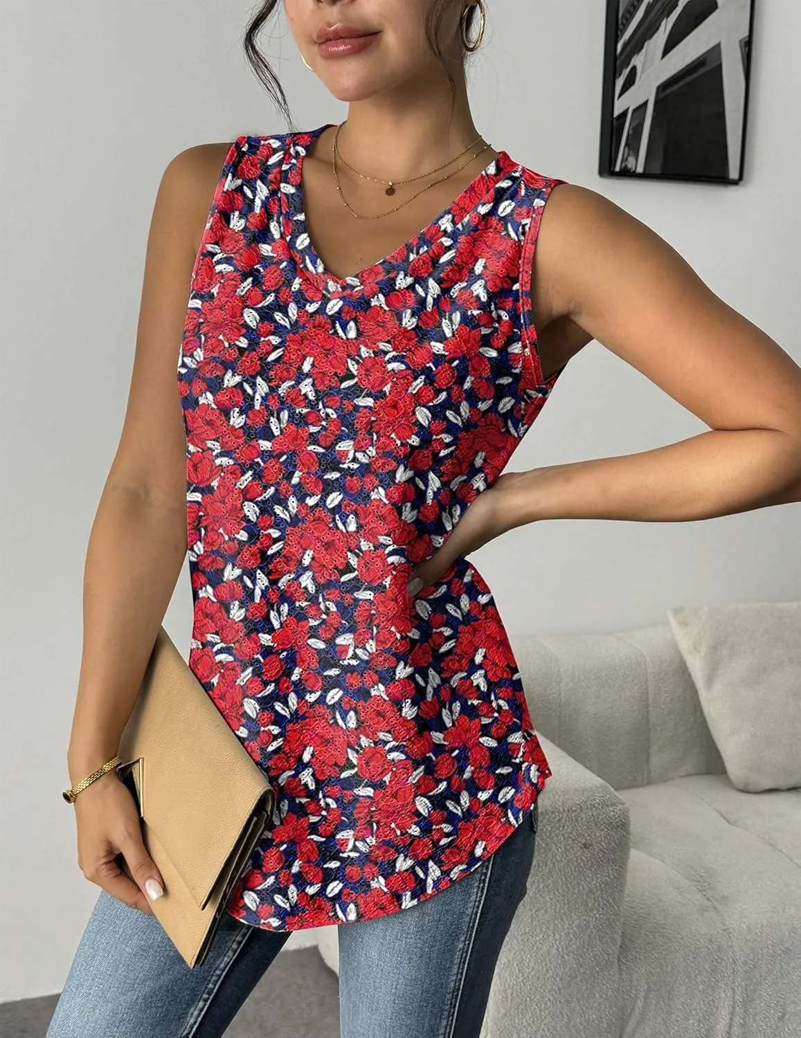 Zeagoo Women Eyelet Tank Tops Sleeveless Shirts V Neck Cute Summer Top Loose Fit Camisole S-XXL