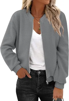 Zeagoo Women's Sherpa Fleece Jacket Long Sleeve Faux Fuzzy Casual Zip Up Bomber Coat With Pocket S-XXL