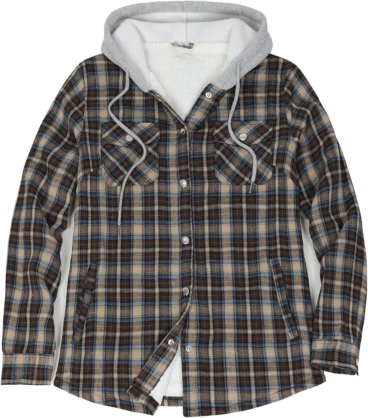 ZENTHACE Women's Flannel Shirt Jacket with Hood,Sherpa Lined Plaid Shacket Jackets,Snap Button Front
