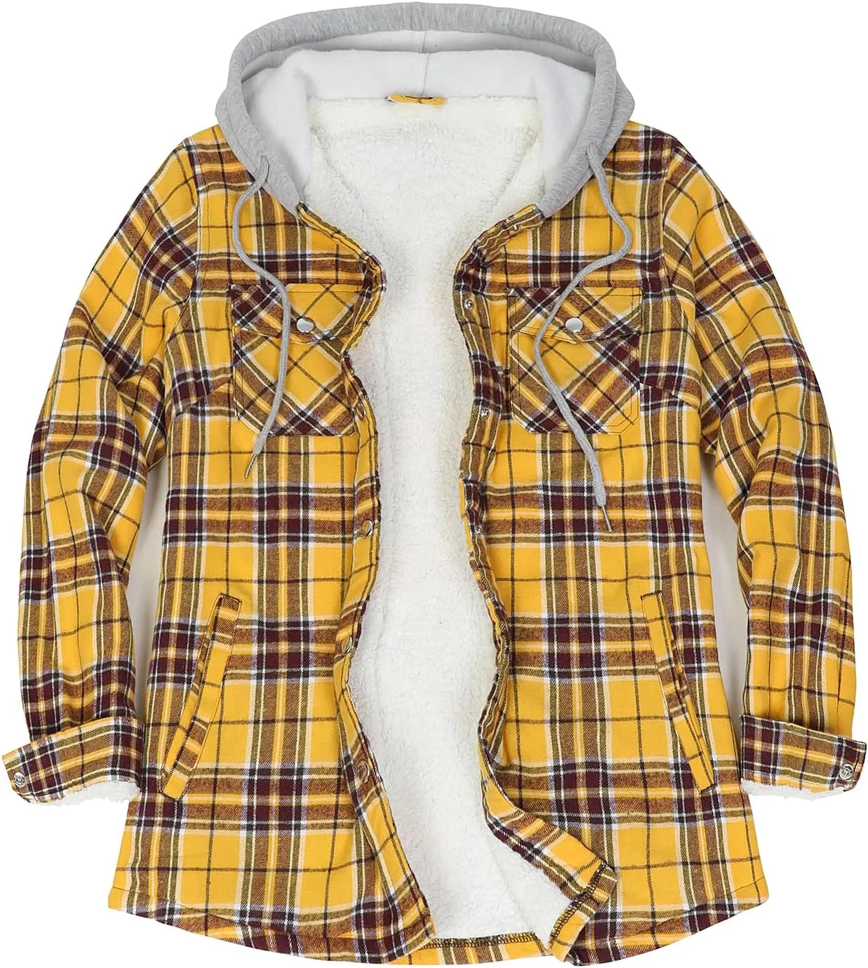 ZENTHACE Women's Flannel Shirt Jacket with Hood,Sherpa Lined Plaid Shacket Jackets,Snap Button Front