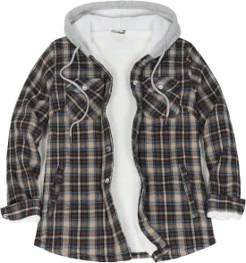 ZENTHACE Women's Flannel Shirt Jacket with Hood,Sherpa Lined Plaid Shacket Jackets,Snap Button Front