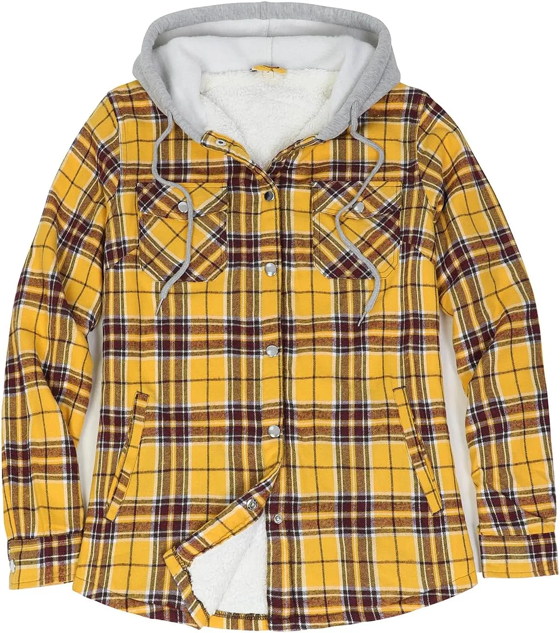 ZENTHACE Women's Flannel Shirt Jacket with Hood,Sherpa Lined Plaid Shacket Jackets,Snap Button Front