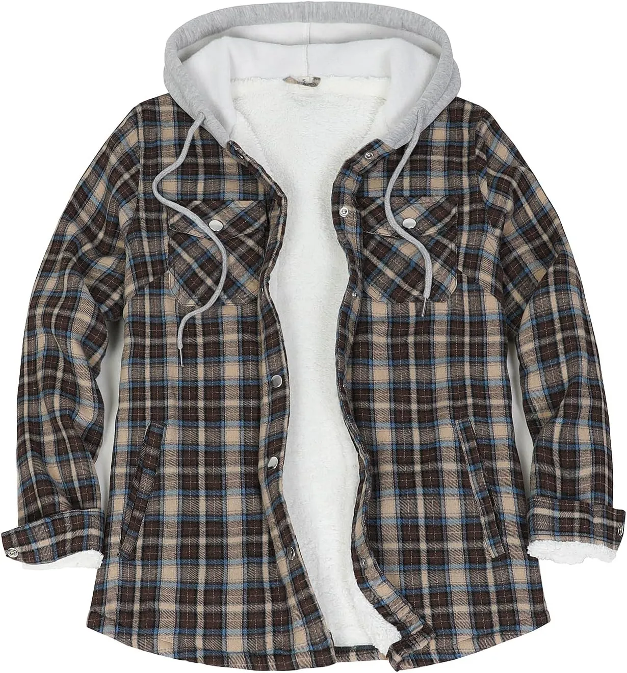 ZENTHACE Women's Flannel Shirt Jacket with Hood,Sherpa Lined Plaid Shacket Jackets,Snap Button Front